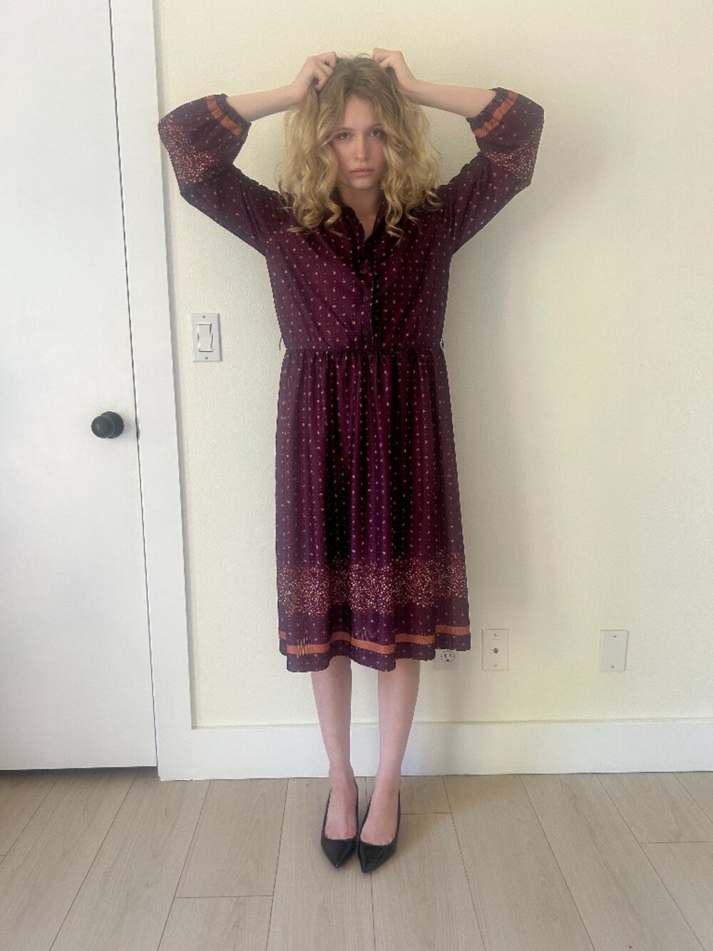 70s Shirt Dress (M) burgundy vintage midi boho hippie long sleeve collared cute